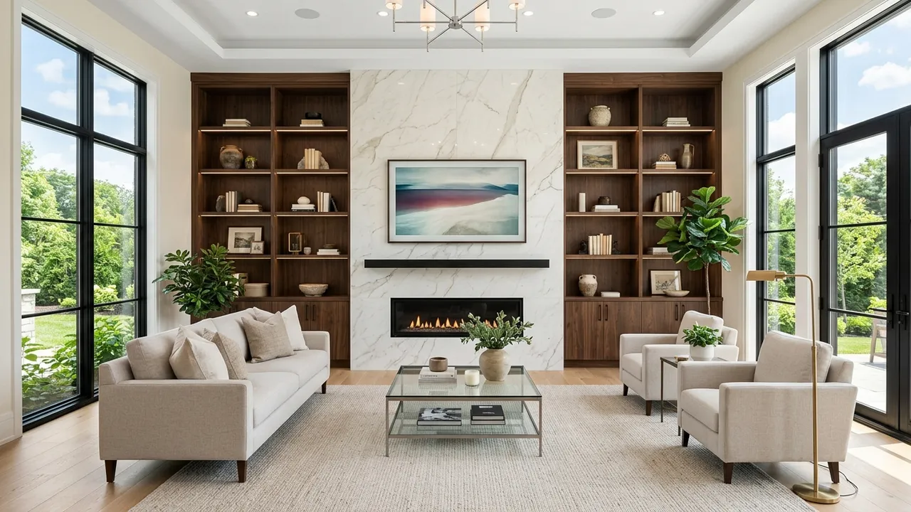 Bright modern living room with marble fireplace wall and built-in shelves