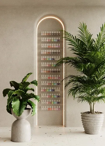 Backlit Arch Display Shelving with Indoor Palms
