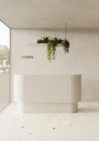 Modern White Fluted Reception Desk with Lush Planters