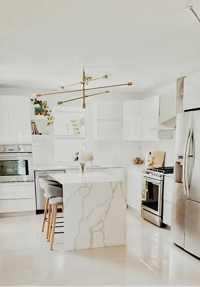Contemporary Kitchen with Waterfall Marble Island