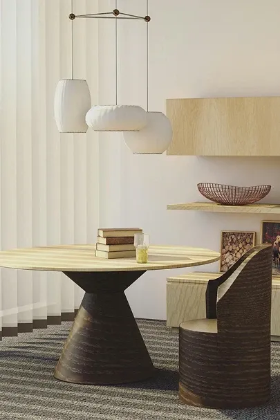 Sculptural Fluted Dining Table with Pendant Lamps