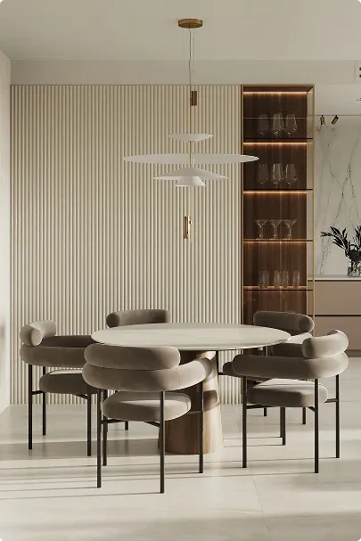 Modern Dining Room with Fluted Wall & Chandelier